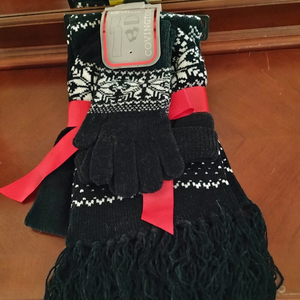 3 Pc Set; Knitted Black & White Cap, Gloves & Scarf - Picture 1 of 3